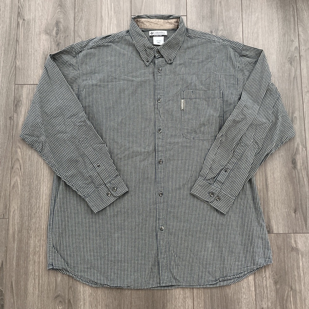 Columbia Long Sleeve Button Up Shirt Mens 2XB Grey/Black/Yellow Plaid Cotton